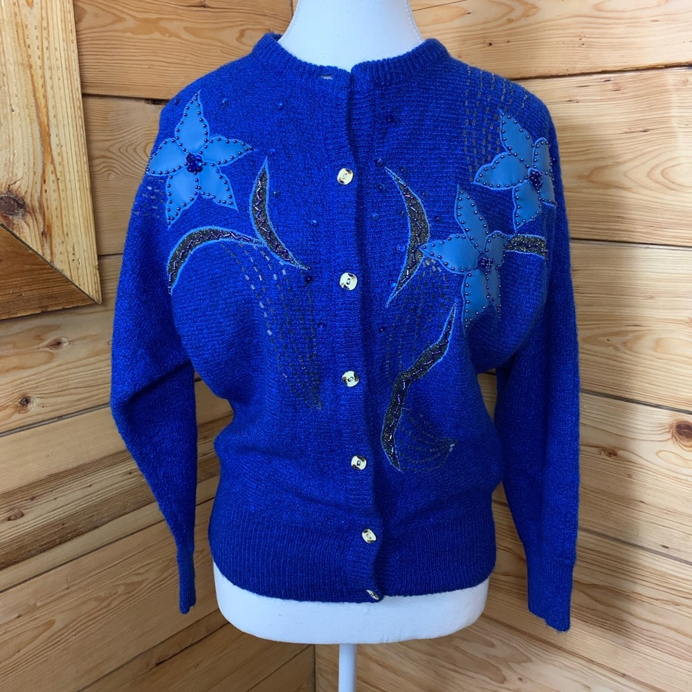 Vintage Embroidered Beads Faux Leather Blue Floral Women's Cardigan Sweater
